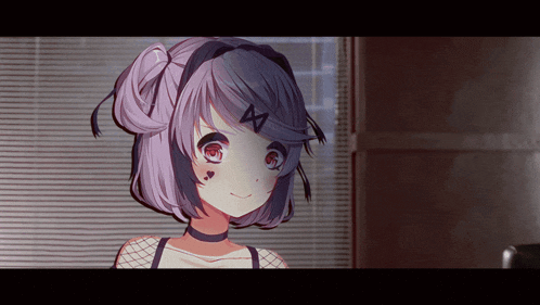 a girl with purple hair and red eyes is wearing a black choker