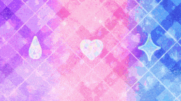 a girl is standing in front of a pink and blue checkered background with hearts .