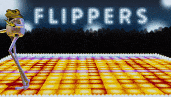 a frog is dancing on a dance floor with the word flippers behind him