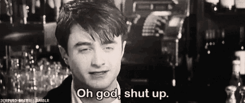 a black and white photo of a man with his eyes closed and the words `` oh god , shut up '' .