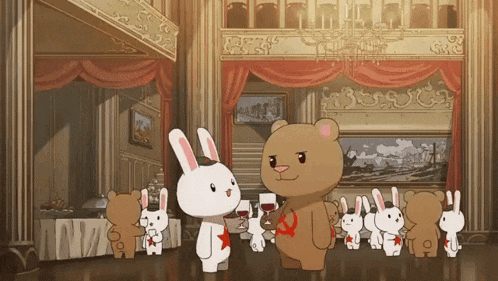 a group of cartoon rabbits are standing around a teddy bear with a red star on his chest