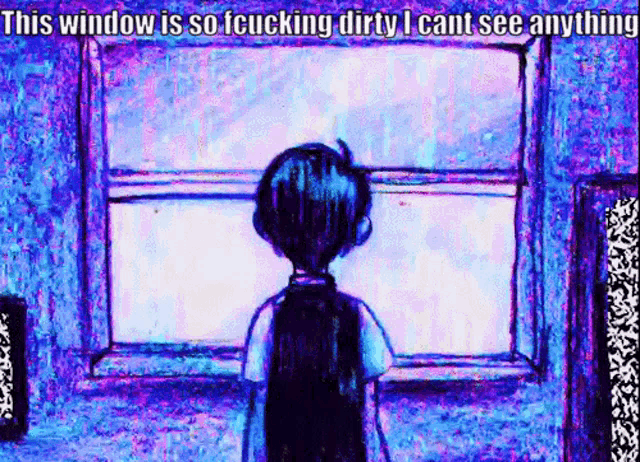 a boy is standing in front of a window with the words `` this window is so fucking dirty i cant see anything ''