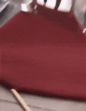a person is standing on a red carpet with a pencil in front of them