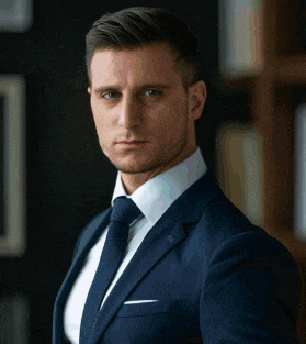 a man in a suit and tie is standing in front of a bookshelf