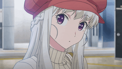 a girl with white hair and a red hat