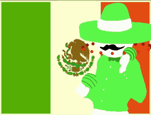 a cartoon of a man in a green sombrero with a mustache standing in front of a mexican flag