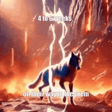 a wolf is standing in front of a lightning bolt with the words 4 to 6 weeks on their way to the pream