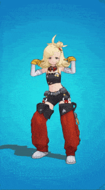 a girl with blonde hair is wearing a black top and red shorts
