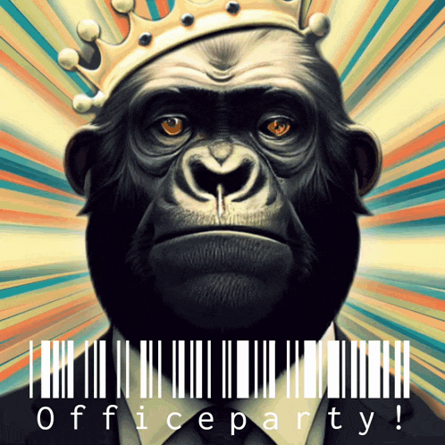 a gorilla wearing a crown and a suit with the words office party written below him
