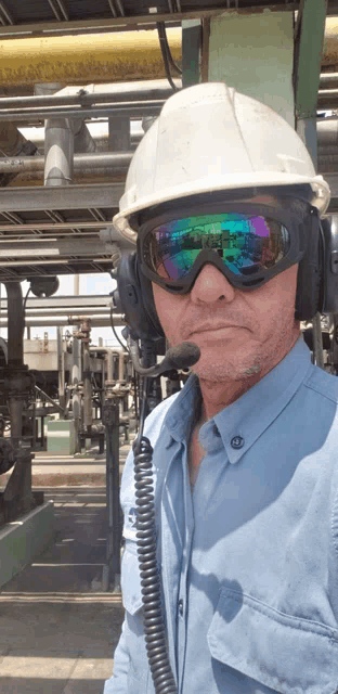 a man wearing a hard hat headphones and goggles stands in front of pipes