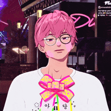 a man with pink hair and glasses is wearing a white shirt that says du
