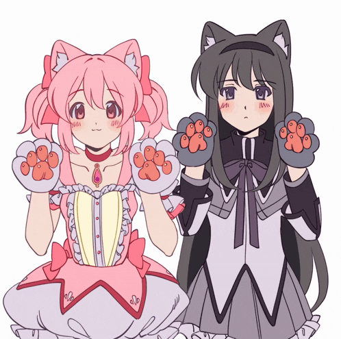 a drawing of two anime girls wearing cat ears and paw gloves