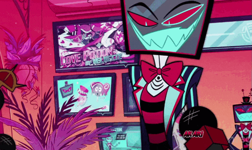 a cartoon character is standing in front of a wall with posters on it that say love potion