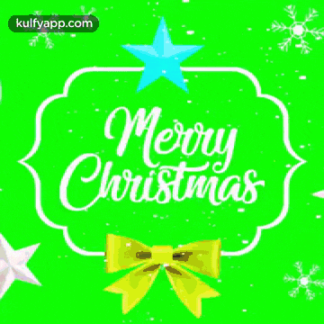 a merry christmas greeting card with a pink star and a blue bow