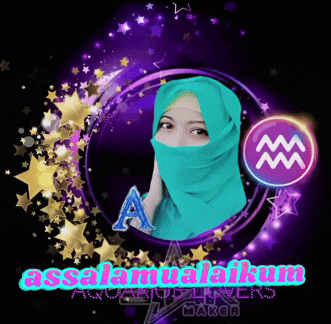 a woman in a blue hijab is surrounded by purple stars and the words assalamualaikum