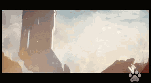 a painting of a tower in the sky with a paw print in the corner