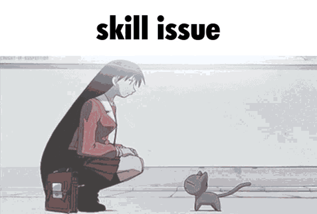 a girl squatting down looking at a cat with the words skill issue written above her