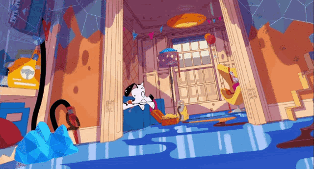 a cartoon drawing of a cat sitting on a couch with a telephone in the background