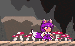a pixel art of a girl in a cat costume standing next to mushrooms in a cave .