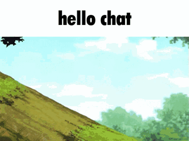 a cartoon character is standing on a hill with the words hello chat above him