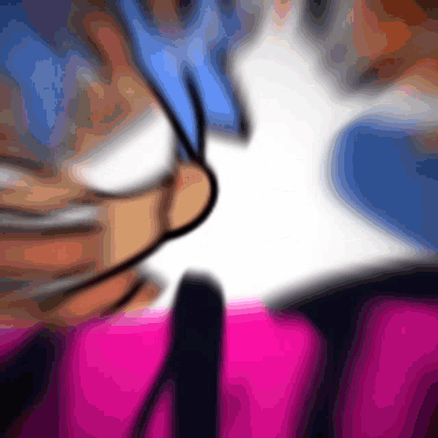 a close up of a cartoon character with blue hair