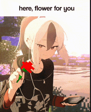 a picture of a girl holding a flower with the words here flower for you