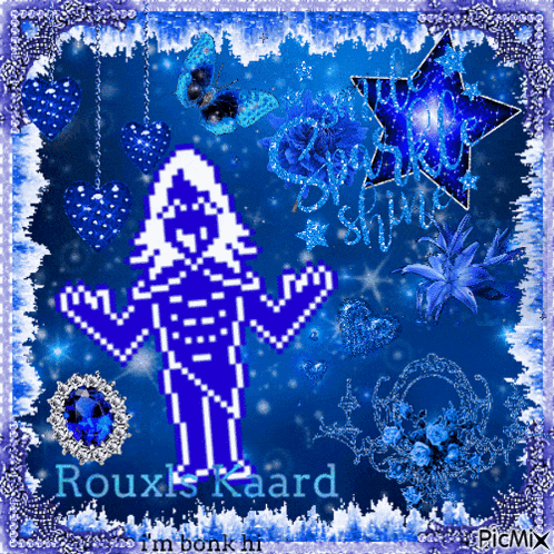 a pixel art of a woman with the name roux 's kaard on it