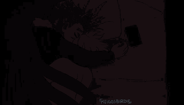 a drawing of a person laying in bed looking at a phone that says unknown on it
