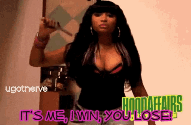 a woman holding a knife with the words it 's me i win you lose