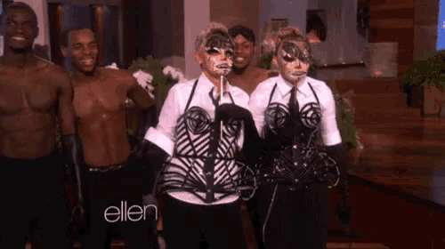a group of people are standing next to each other with the word ellen in the corner