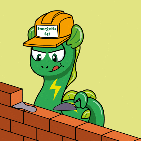 a cartoon pony wearing a hard hat that says energetic eel on it