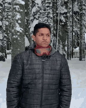 a man wearing goggles and a jacket is standing in the snow in a forest .