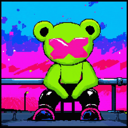 a pixel art of a green frog with a pink heart in his mouth