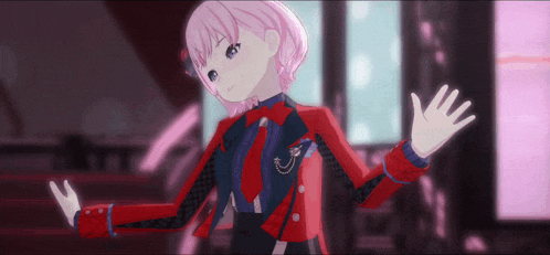 a pink haired anime girl is wearing a red jacket and tie and waving her hands .