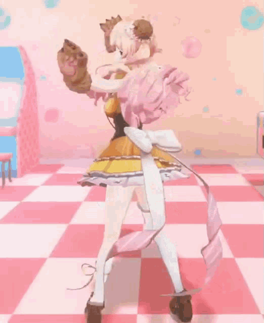 a 3d anime girl is standing on a checkered floor holding a pair of paw gloves .