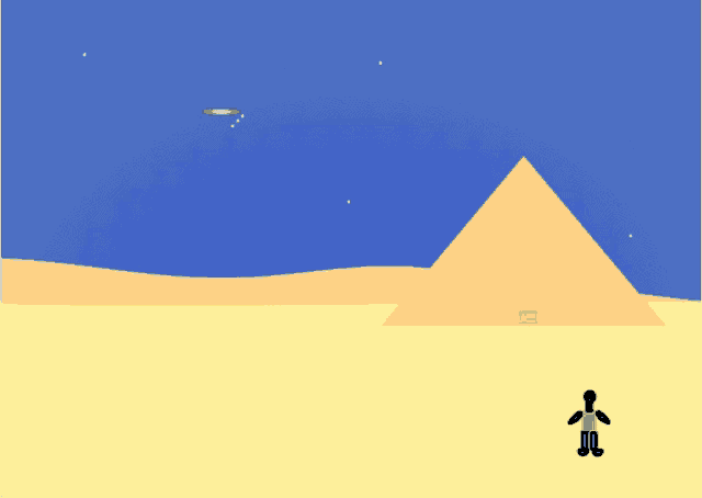 an illustration of a desert with a pyramid in the foreground