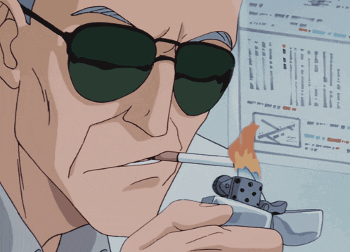 a man wearing sunglasses is smoking a cigarette next to another man wearing sunglasses