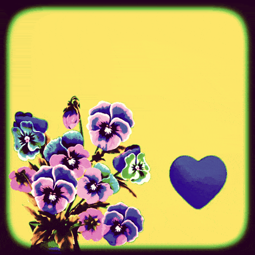 a bunch of purple and blue flowers on a yellow background