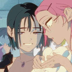 a girl with pink hair is holding another girl 's arm