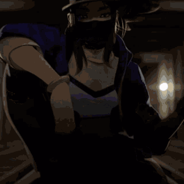 a person with a mask on their face is standing in a dark room