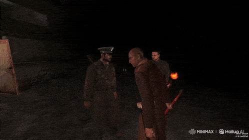 three men are standing in a dark room with the words minimax on the bottom
