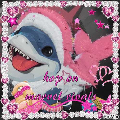 a picture of a shark with the words hop on marvel rivals above it