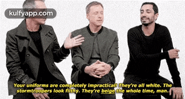 three men are sitting next to each other and one of them is talking about stormtroopers