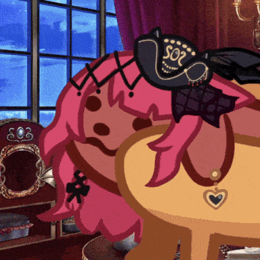 a cartoon drawing of a girl with pink hair wearing a mask that says so2 on it