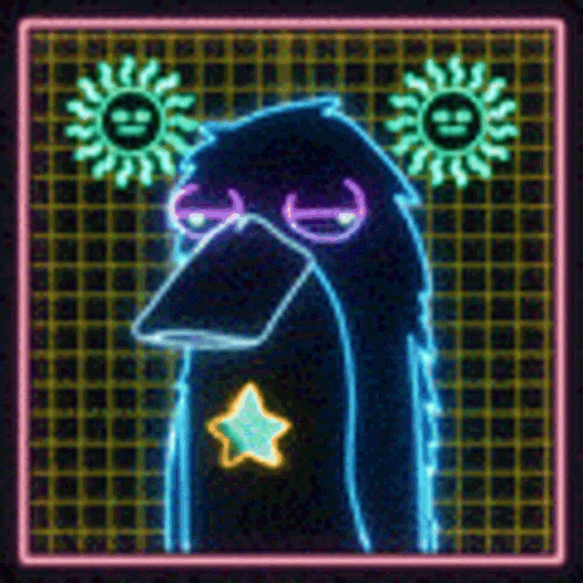 a neon sign of a penguin with two suns and a star on its chest .