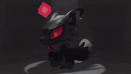 a black cartoon character with red eyes and a red cube behind it