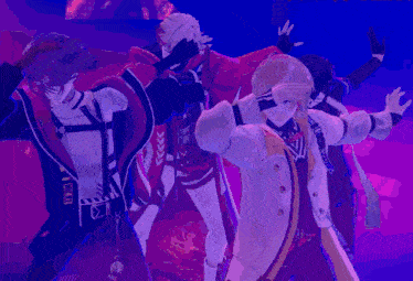 a group of people are dancing in front of a neon sign that says ' tokyo ' on it