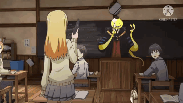 a girl stands in front of a blackboard that says " kinemaster "