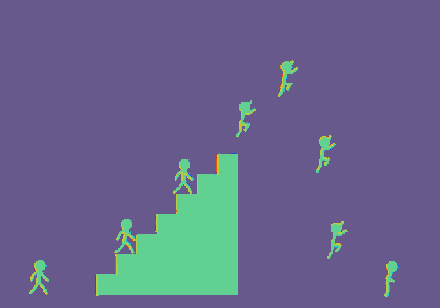 a group of stick figures walking up a set of purple stairs