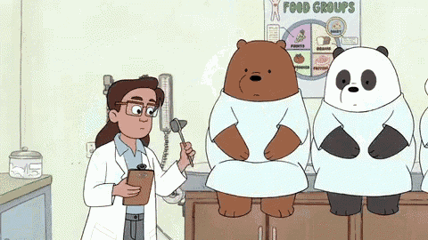 a cartoon of a doctor and bears with a sign that says food groups on it